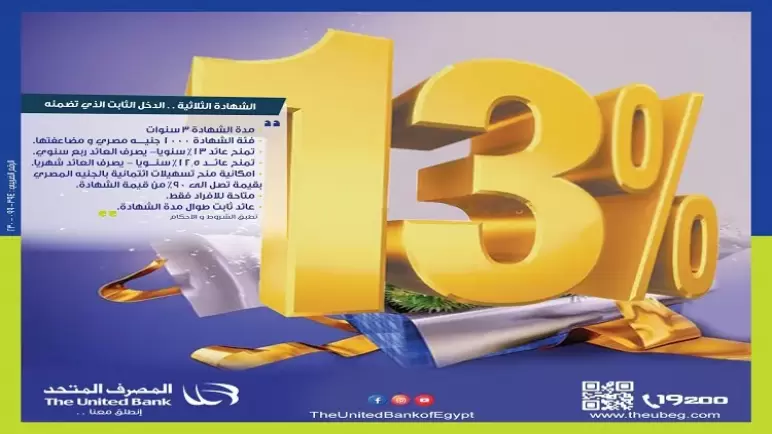 من المصرف المتحد.. تعرف على تفاصيل ومزايا الشهادة الثلاثية ذات العائد الثابت